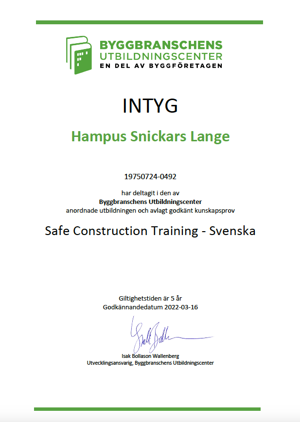 intyg Safe Construction Training